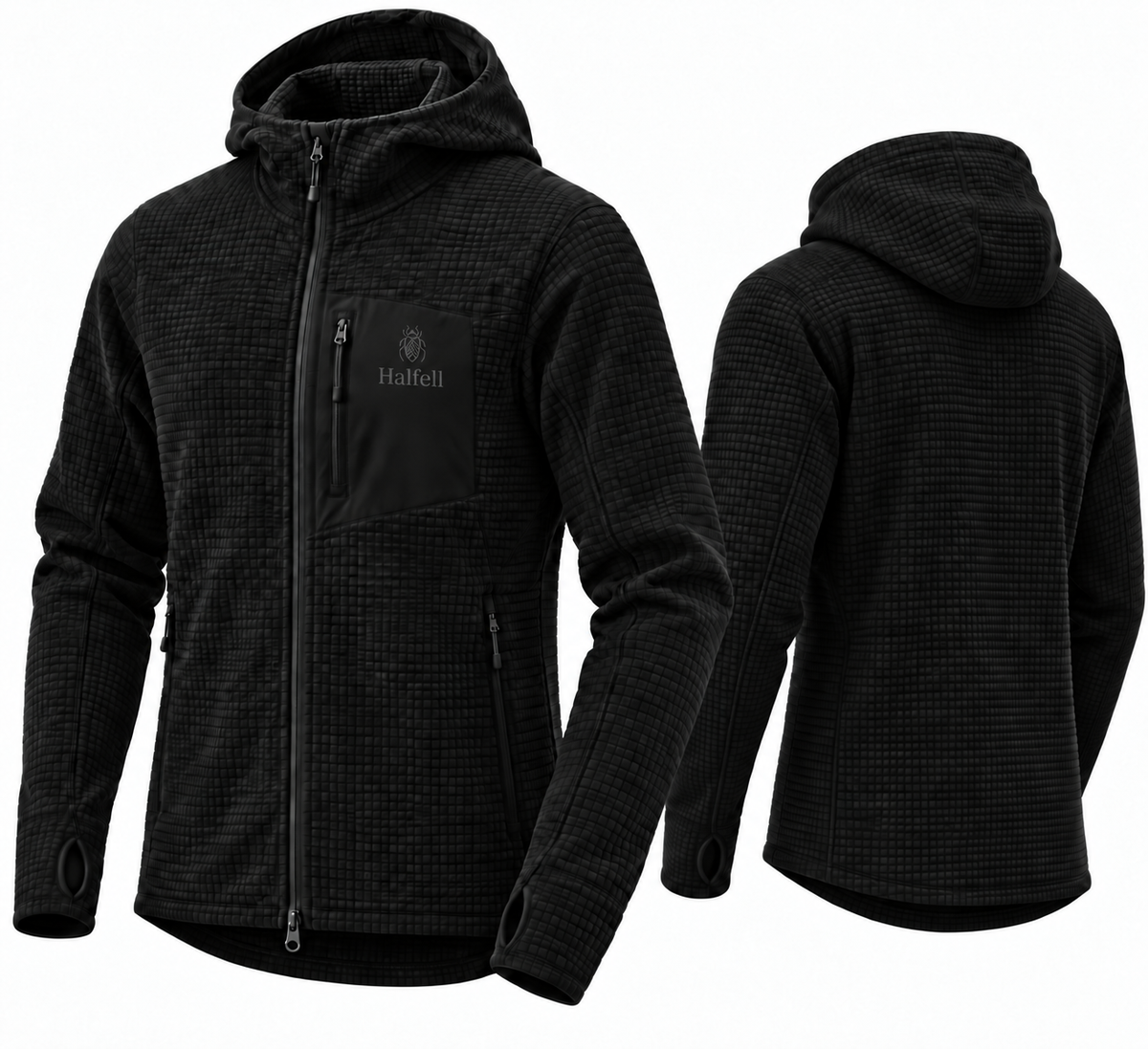 Concept illustration of the black Halfell 260 hooded grid fleece, shown from the front and back