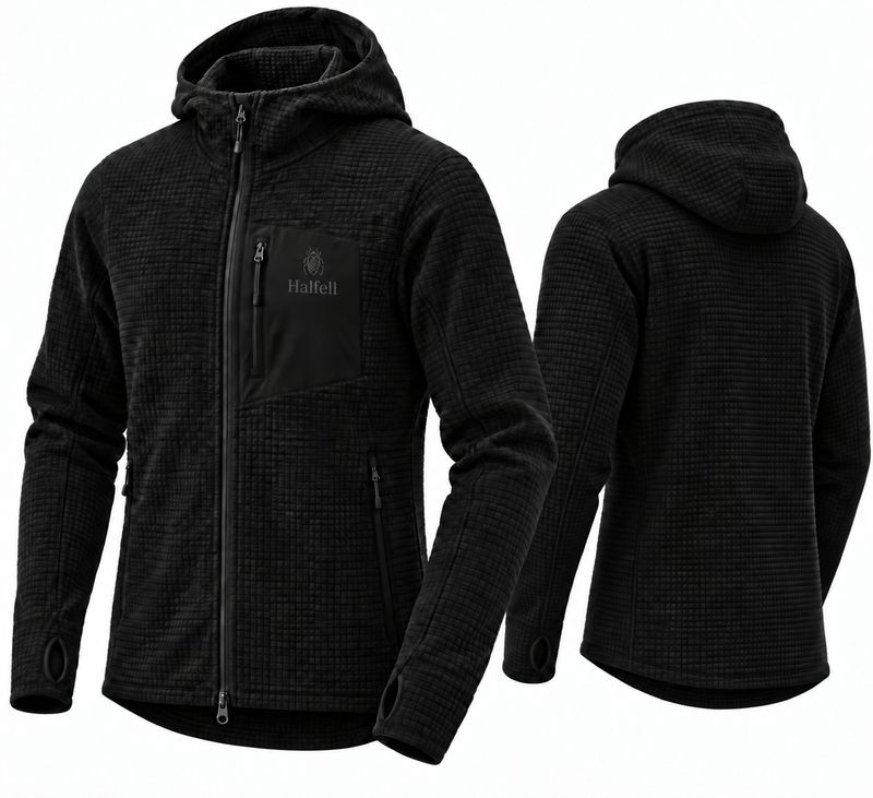 Concept illustration of the black Halfell 260 hooded grid fleece, shown from the front and back
