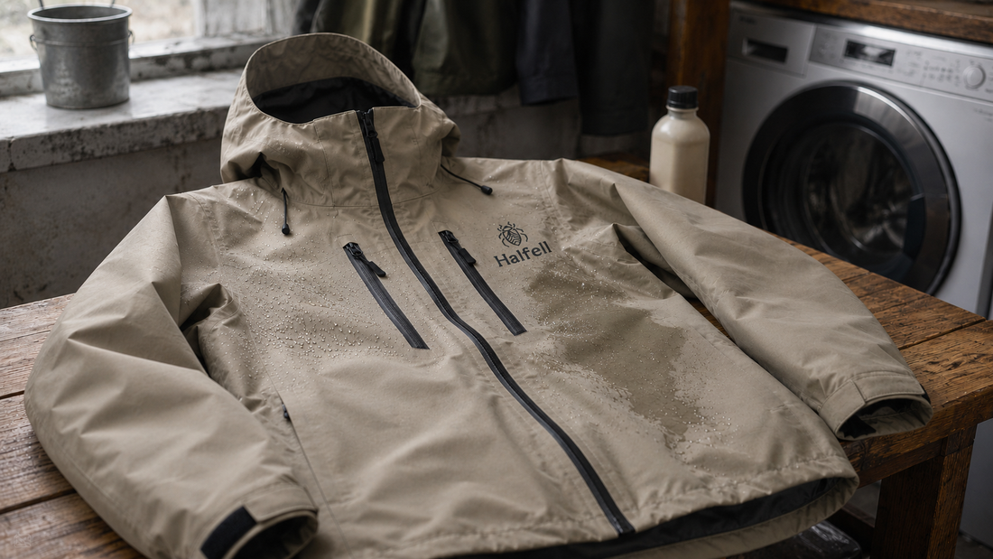 Halfell Fellguard waterproof jacket showing water beading and wetting out before washing