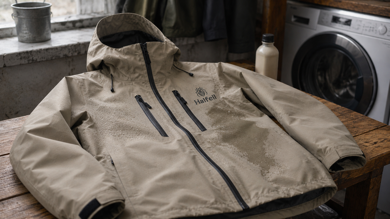 Halfell Fellguard waterproof jacket showing water beading and wetting out before washing