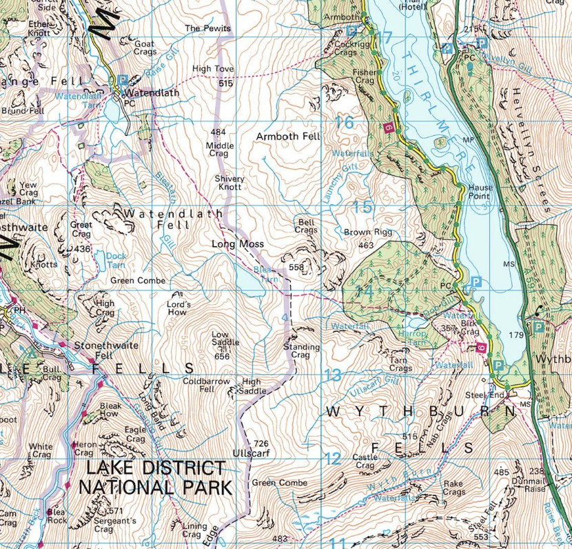 Topographic map of Thirlmere and Watendlath in the Lake District, showing fells, becks, tarns and contours
