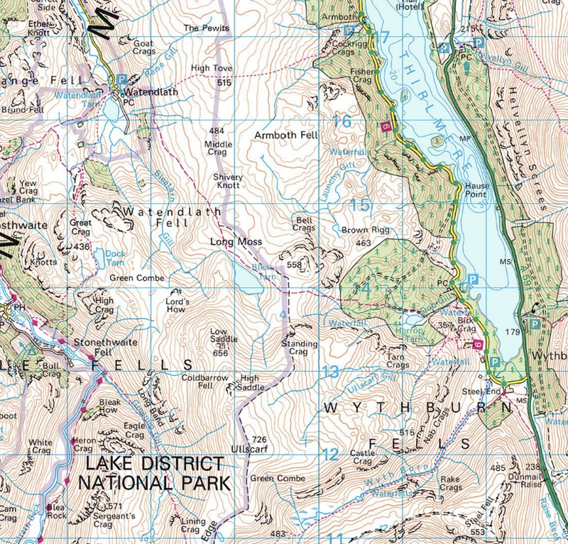 Topographic map of Thirlmere and Watendlath in the Lake District, showing fells, becks, tarns and contours