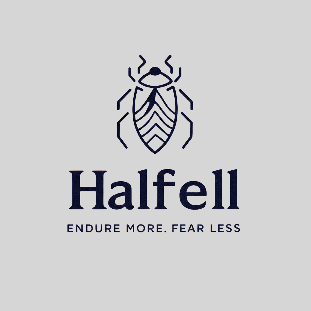 Halfell logo with the beetle emblem and the 'Endure More. Fear Less' tagline on a light background