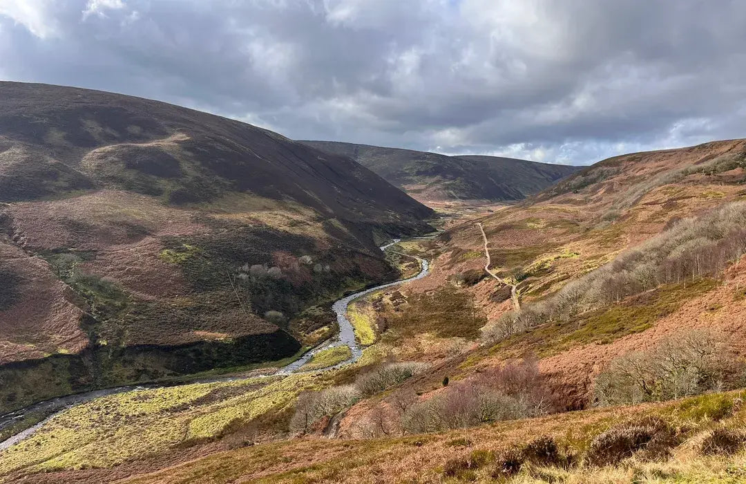 A river winding through a heather-covered valley, with hills rising on either side