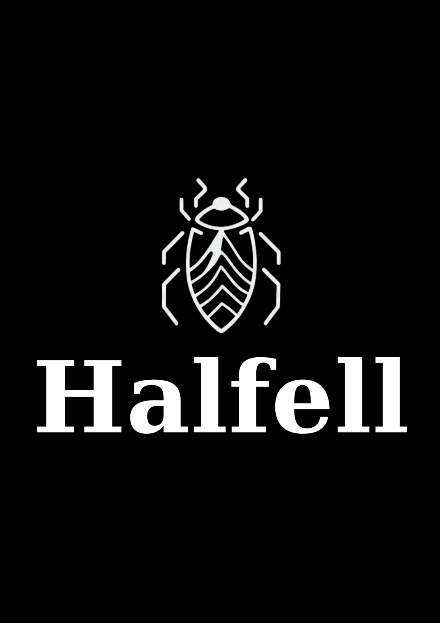 Halfell beetle emblem and wordmark logo on a black background