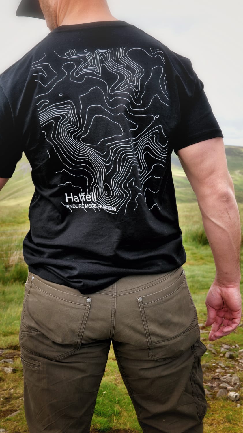 Man wearing the Halfell Origins T-Shirt in black, close-up of the embroidered beetle logo on the chest