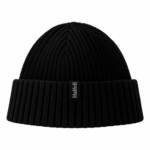 Black Halfell 100% merino wool cuffed beanie on white background