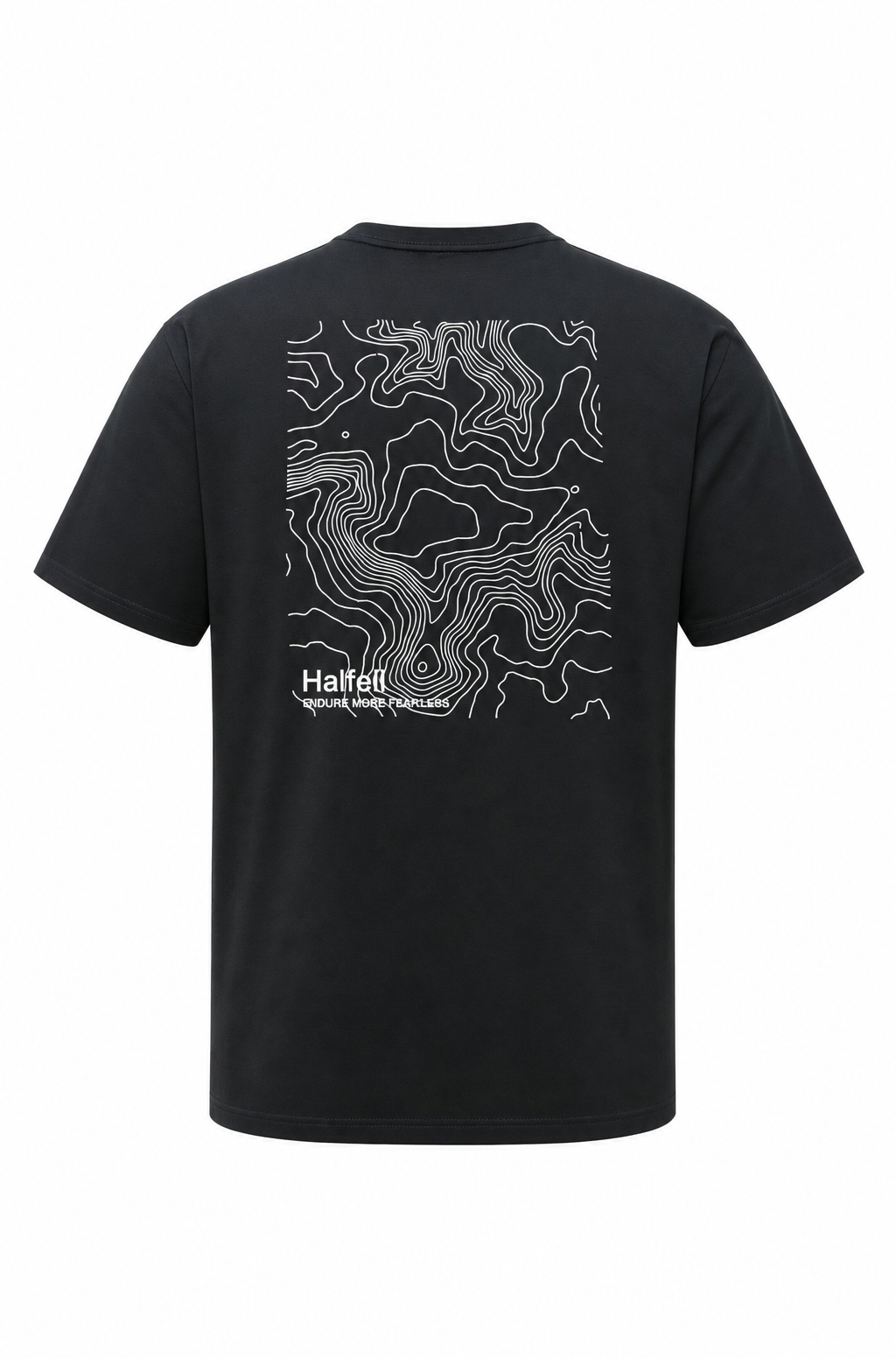 Halfell Origins T-Shirt in black, back view showing the topographic print