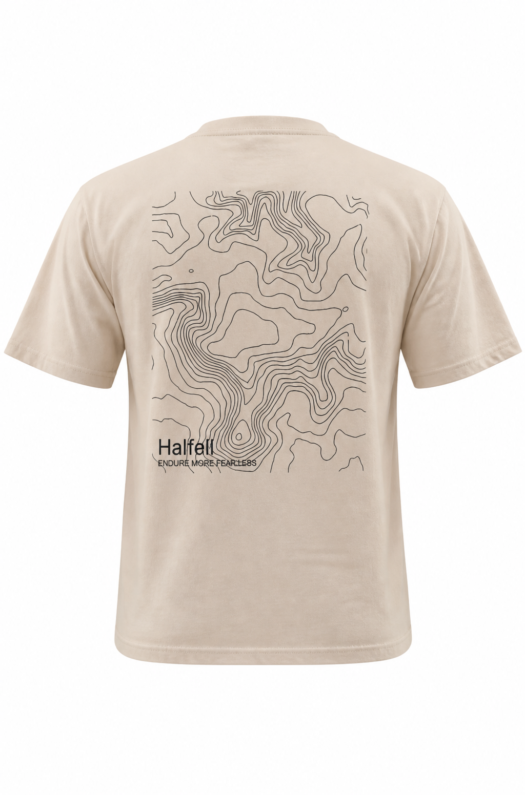 Halfell Origins T-Shirt in sand, back view showing the topographic print